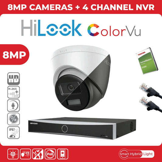 8MP HiLook IP CCTV Kit – Up to 8x IPC-T280HA-LUF/SL, DS-7604NXI-K1/4P or DS-7608NXI-K1/8P, HDD & Cabling – White (CKIT1003)