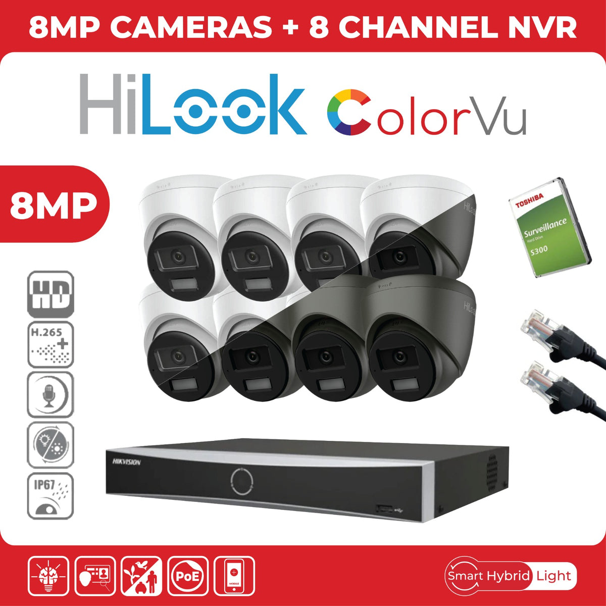 8MP HiLook IP CCTV Kit – Up to 8x IPC-T280HA-LUF/SL, DS-7604NXI-K1/4P or DS-7608NXI-K1/8P, HDD & Cabling – White (CKIT1003)