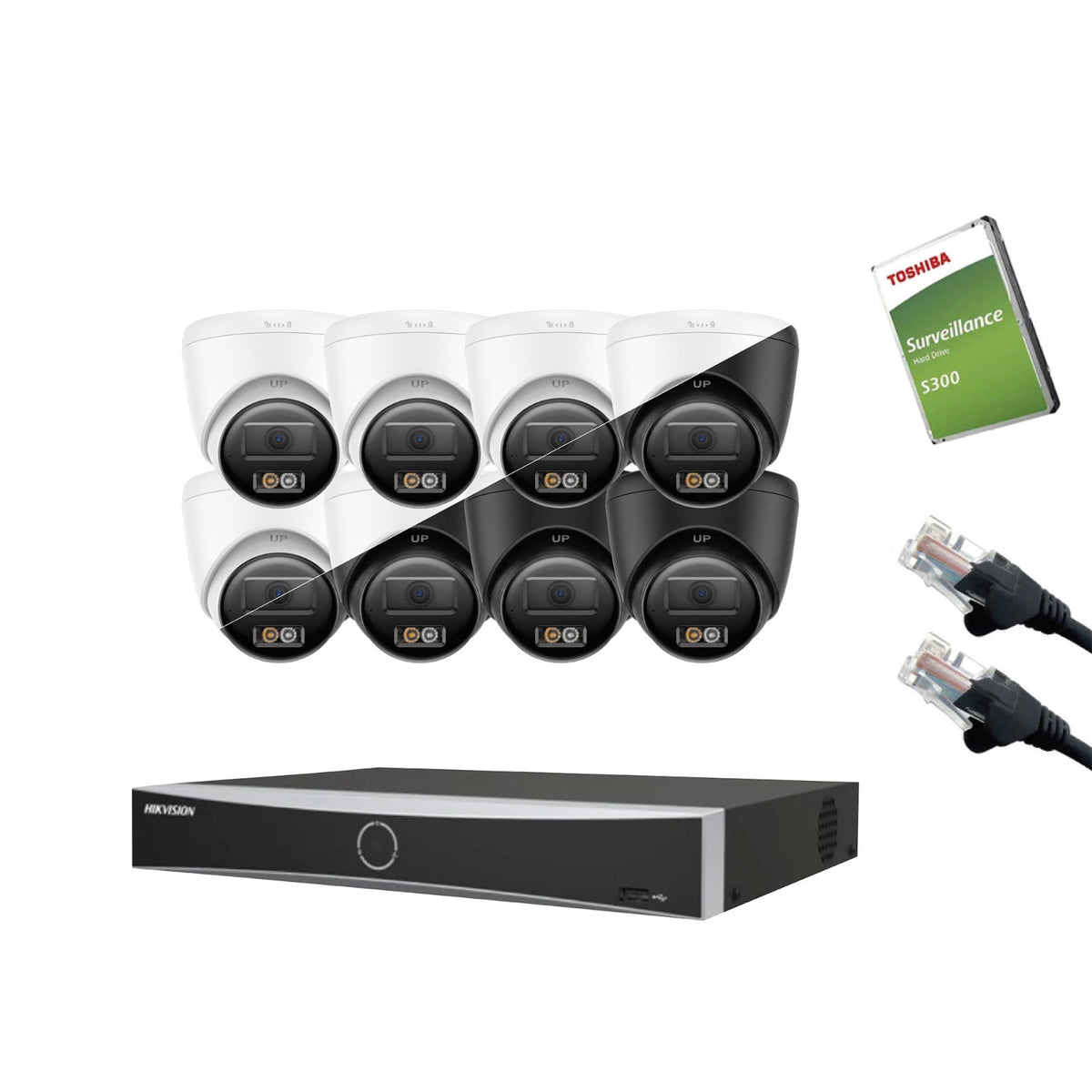 4MP Hikvision OEM IP CCTV Kit – Up to 8x IPT240W-HT Smart Hybrid Light, DS-7604NXI-K1/4P or DS-7608NXI-K1/8P, HDD & Cabling – White/Black (CKIT1019-V2)