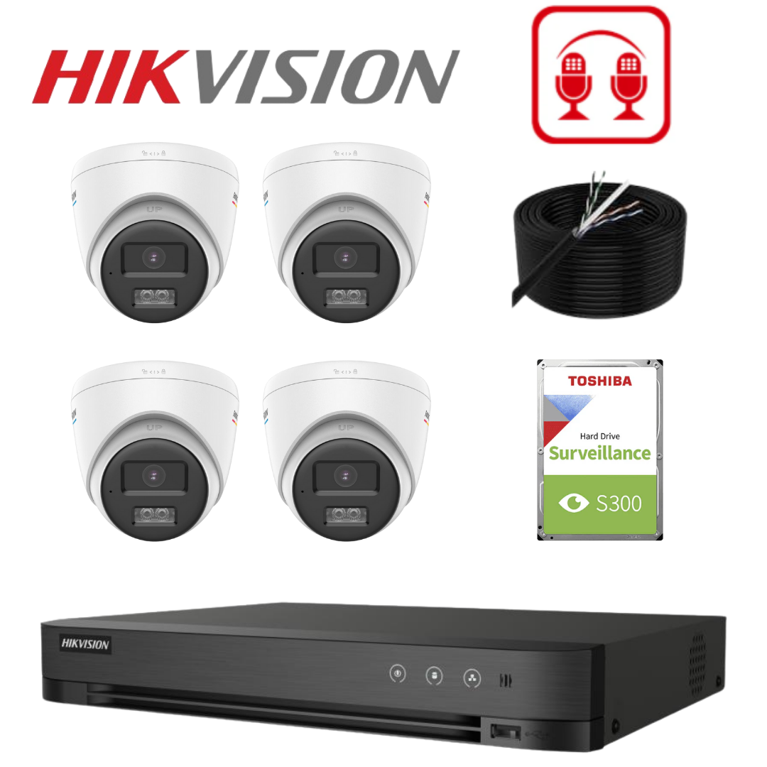 Hikvision 4-Camera 3K ColorVu Turbo HD CCTV Kit, 2 Way Audio – 4× DS-2CE72KF0T-LTS + iDS-7204HQHI-M1/XT + 2TB HDD + 100m External CAT6