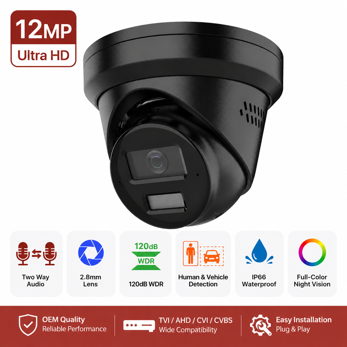 12MP Hikvision OEM smart dual-light two-way audio PoE IP turret camera, black