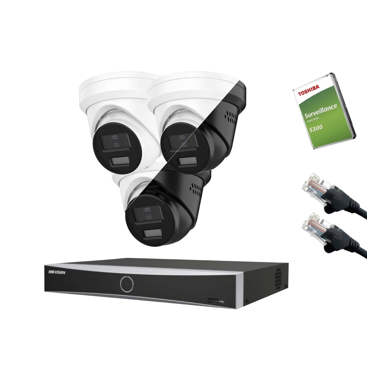 12MP Hikvision OEM IP CCTV Kit – Up to 8x IPT2120W-HT Smart Dual-Light, DS-7604NXI-K1/4P or DS-7608NXI-K1/8P, HDD & Cabling – White/Black (CKIT1021-V2)