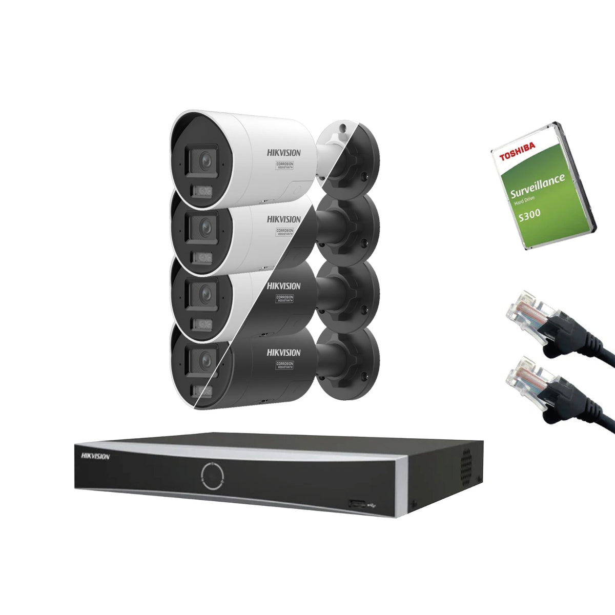 4MP Hikvision IP CCTV Kit – Up to 16x DS-2CD2047G3-LI2UY/SL Bullet, DS-7616NXI-K2/16P NVR, HDD & Cabling – White/Black (CKIT1018-16CH)