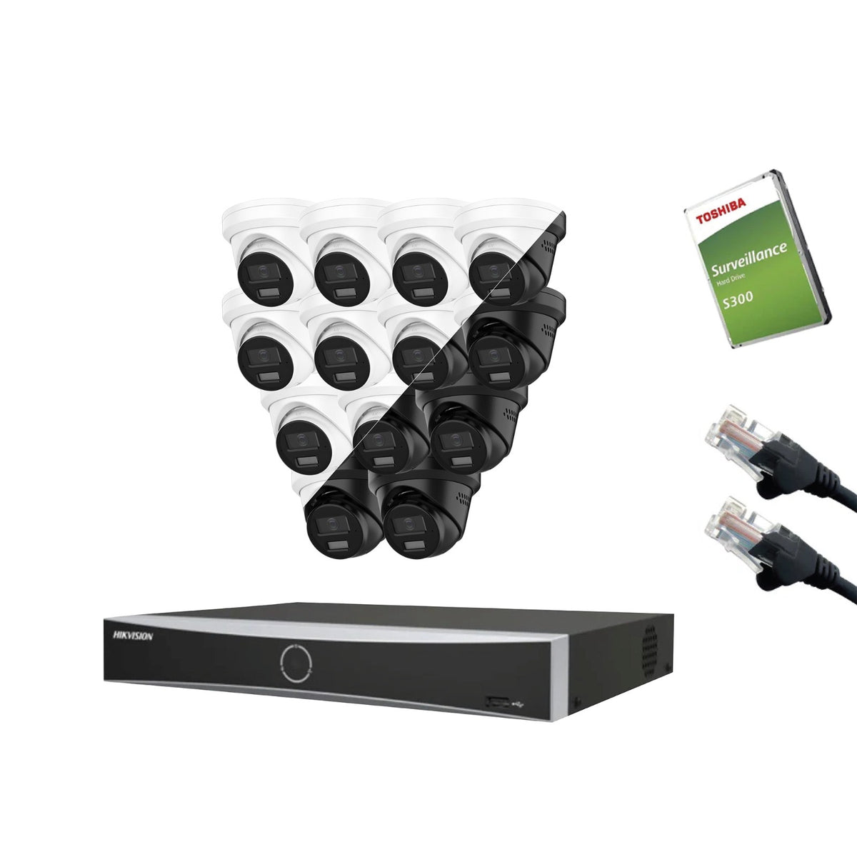 12MP Hikvision OEM IP CCTV Kit – Up to 16x IPT2120W-HT Smart Dual-Light, DS-7616NXI-K2/16P NVR, HDD & Cabling – White/Black (CKIT1021-16CH)