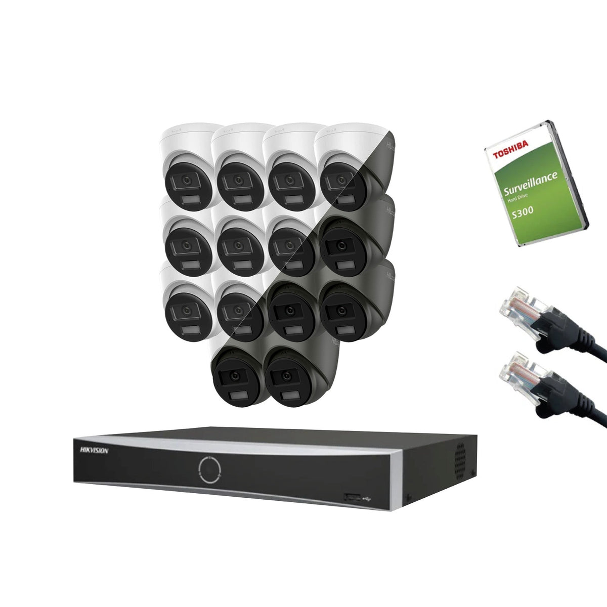 8MP HiLook IP CCTV Kit – Up to 16x IPC-T280HA-LUF/SL, DS-7616NXI-K2/16P, HDD & Cabling – White (CKIT1003-16CH)