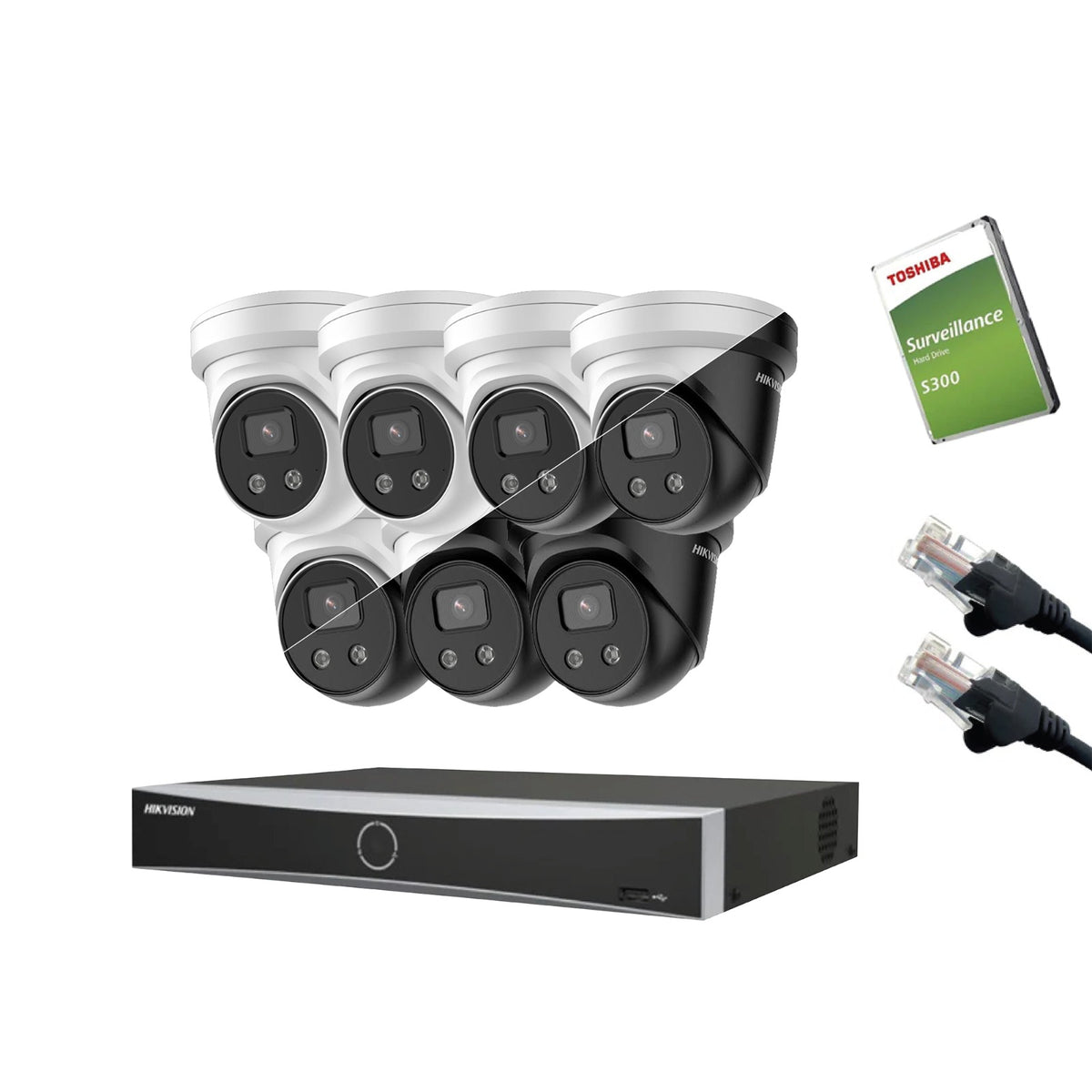 4MP Hikvision IP CCTV Kit – Up to 8x DS-2CD2346G2-IU, DS-7604NXI-K1/4P or DS-7608NXI-K1/8P, HDD & Cabling – White/Black (CKIT1009-V2)