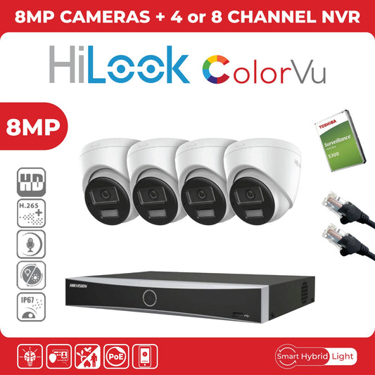8MP HiLook IP CCTV Kit – Up to 8x IPC-T280HA-LUF/SL, DS-7604NXI-K1/4P or DS-7608NXI-K1/8P, HDD & Cabling – White (CKIT1003)