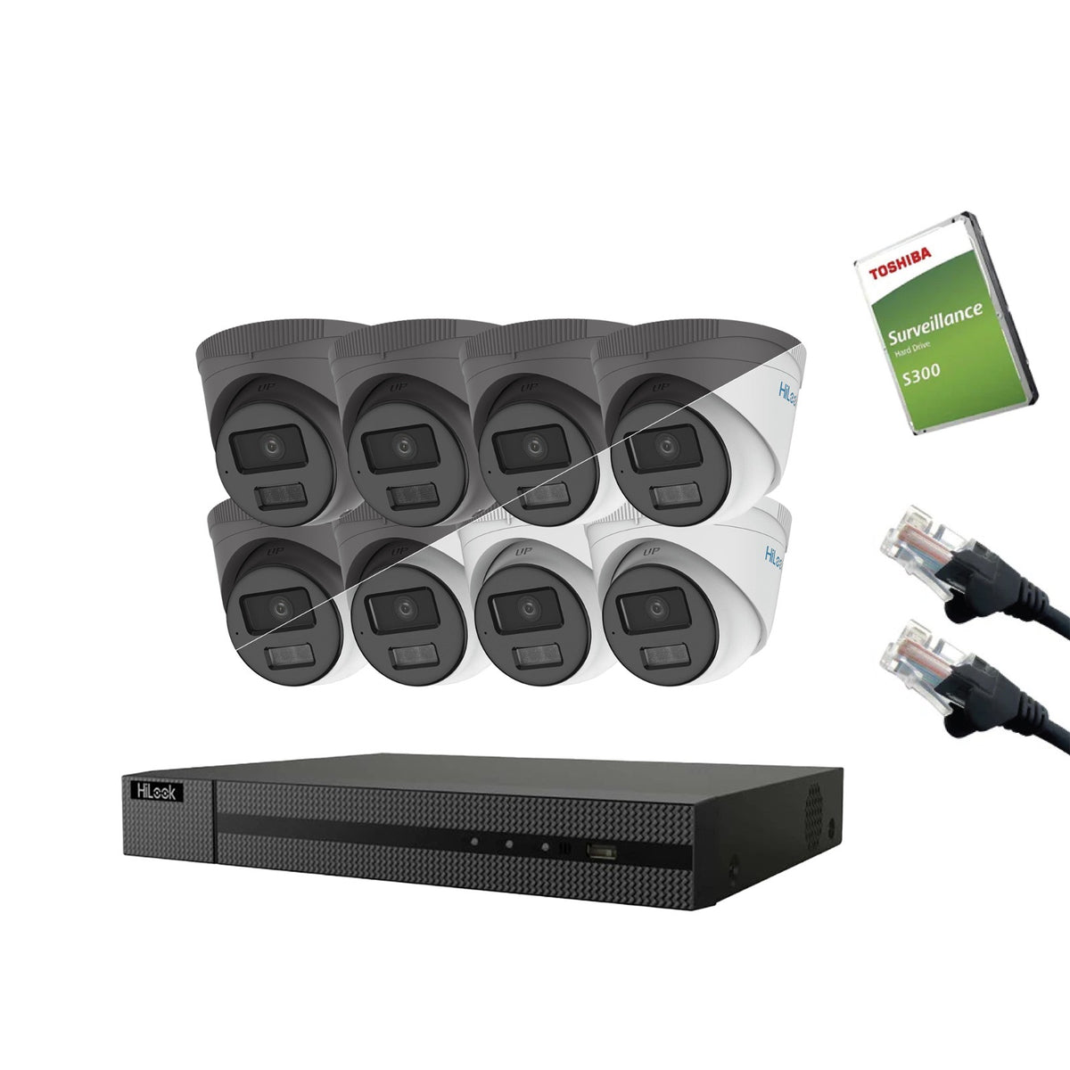 4MP HiLook IP CCTV Kit – Up to 16x IPC-T249HA-LU, NVR-216MH-C/16P, HDD & Cabling – White/Grey (CKIT1014-16CH)