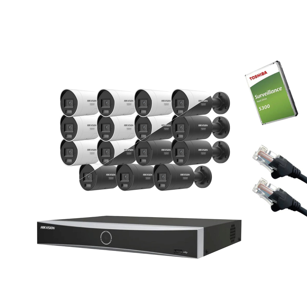 8MP Hikvision IP CCTV Kit – Up to 16x DS-2CD2087G3-LI2UY/SL Bullet, DS-7616NXI-K2/16P NVR, HDD & Cabling – White/Black (CKIT1017-16CH)
