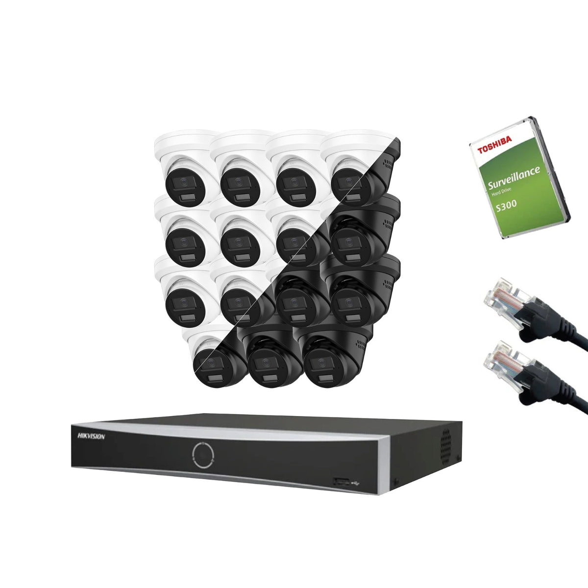 12MP Hikvision OEM IP CCTV Kit – Up to 16x IPT2120W-HT Smart Dual-Light, DS-7616NXI-K2/16P NVR, HDD & Cabling – White/Black (CKIT1021-16CH)