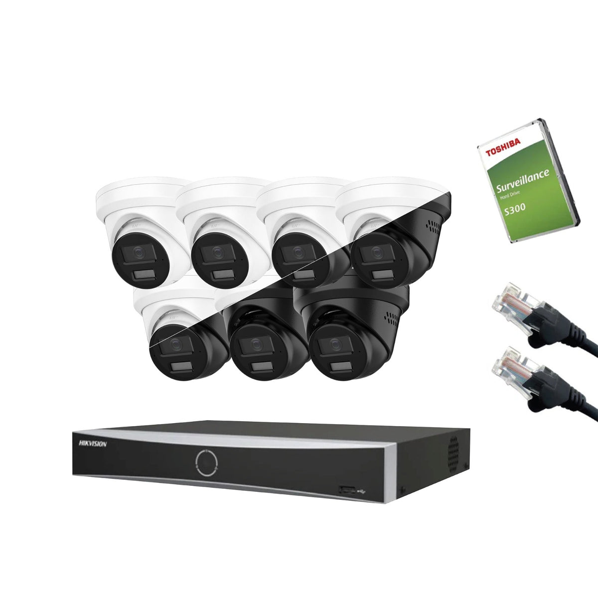 12MP Hikvision OEM IP CCTV Kit – Up to 8x IPT2120W-HT Smart Dual-Light, DS-7604NXI-K1/4P or DS-7608NXI-K1/8P, HDD & Cabling – White/Black (CKIT1021-V2)