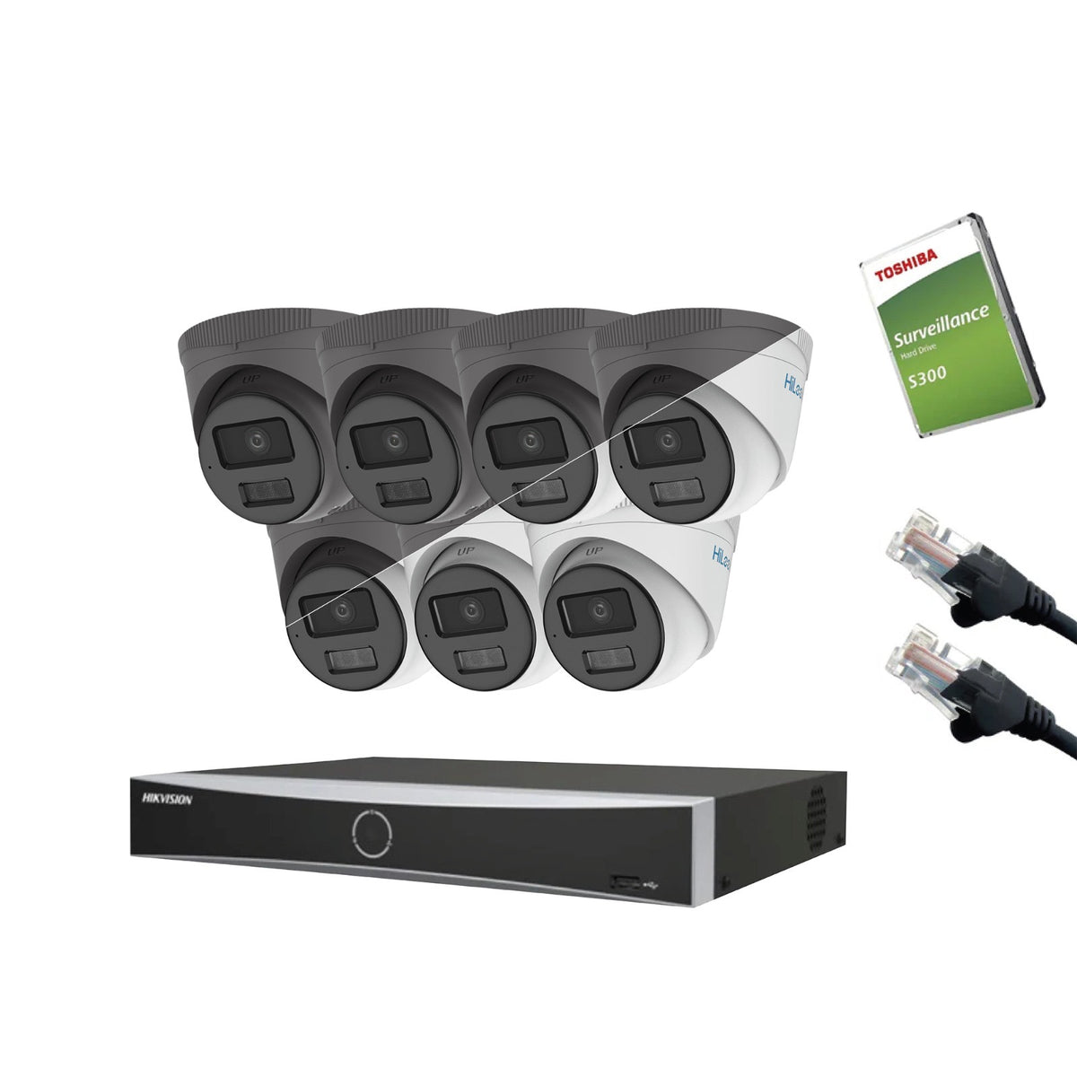 4MP HiLook IP CCTV Kit – Up to 8x IPC-T249HA-LU, DS-7604NXI-K1/4P or DS-7608NXI-K1/8P, HDD & Cabling – White/Grey (CKIT1001)