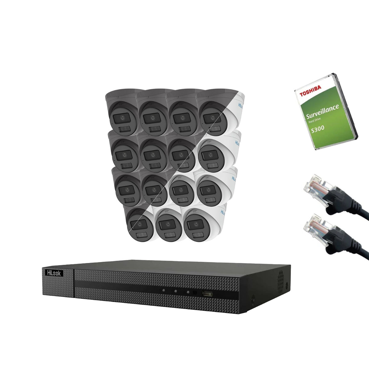 4MP HiLook IP CCTV Kit – Up to 16x IPC-T249HA-LU, NVR-216MH-C/16P, HDD & Cabling – White/Grey (CKIT1014-16CH)