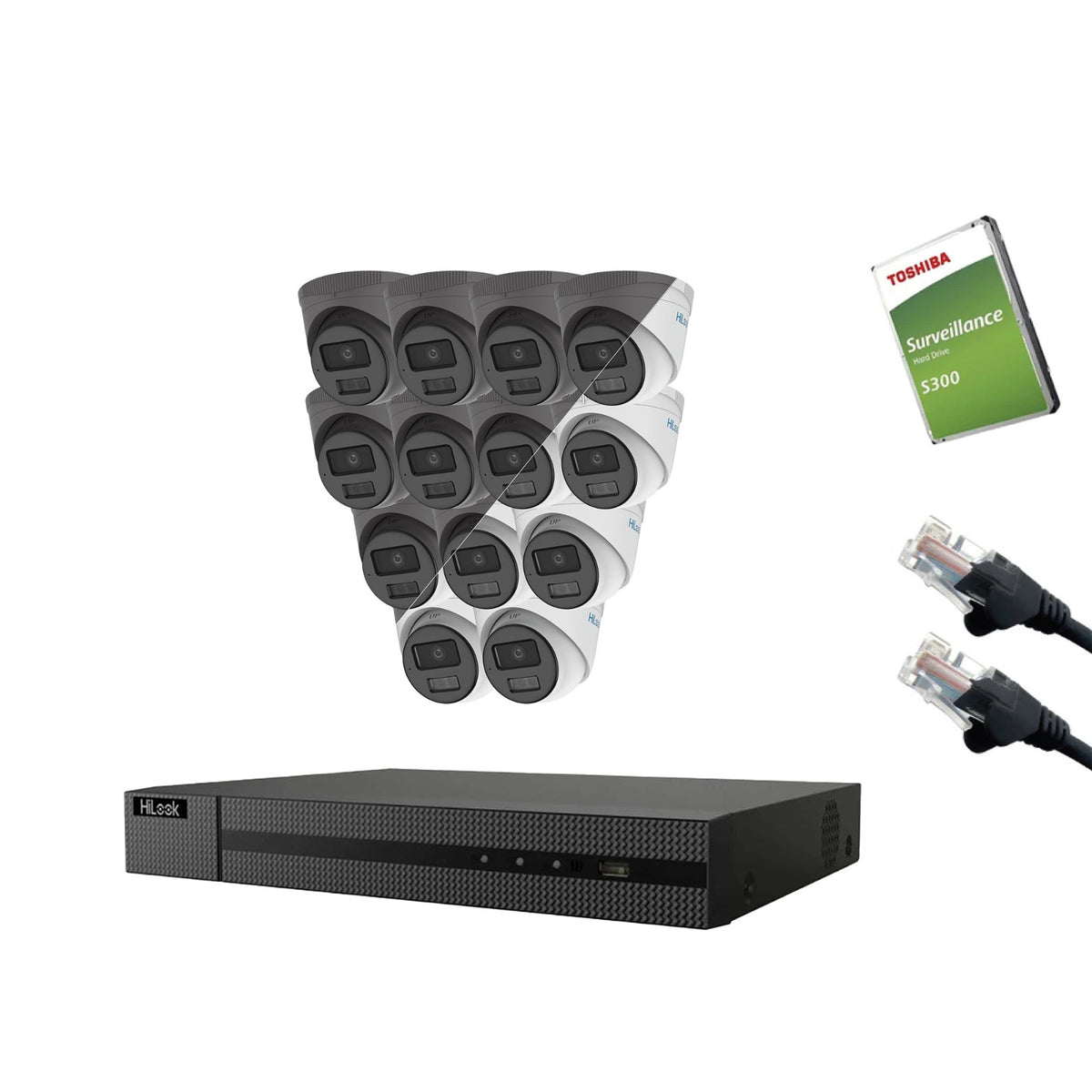 4MP HiLook IP CCTV Kit – Up to 16x IPC-T249HA-LU, NVR-216MH-C/16P, HDD & Cabling – White/Grey (CKIT1014-16CH)