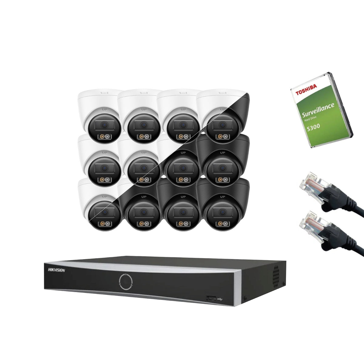 8MP (4K) Hikvision OEM IP CCTV Kit – Up to 16x IPT280W-HT Smart Hybrid Light, DS-7616NXI-K2/16P NVR, HDD & Cabling – White/Black (CKIT1020-16CH)