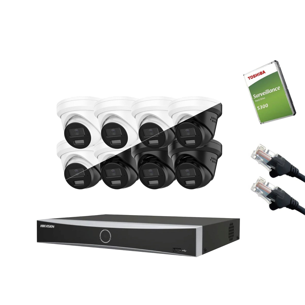 12MP Hikvision OEM IP CCTV Kit – Up to 8x IPT2120W-HT Smart Dual-Light, DS-7604NXI-K1/4P or DS-7608NXI-K1/8P, HDD & Cabling – White/Black (CKIT1021-V2)