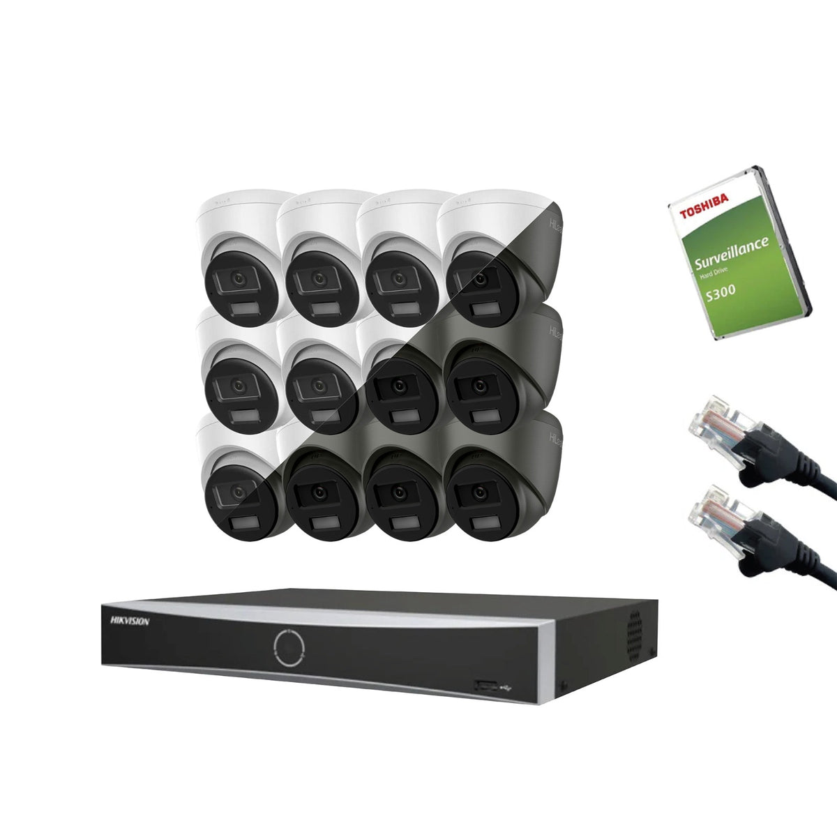 8MP HiLook IP CCTV Kit – Up to 16x IPC-T280HA-LUF/SL, DS-7616NXI-K2/16P, HDD & Cabling – White (CKIT1003-16CH)