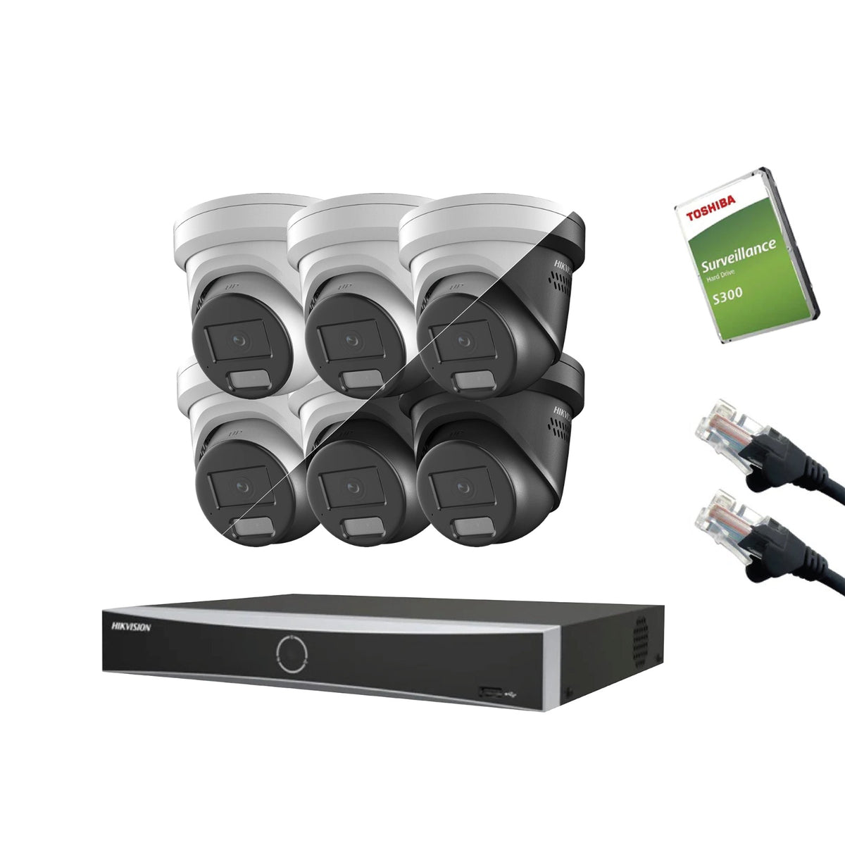 8MP Hikvision IP CCTV Kit – Up to 8x DS-2CD2387G2H-LISU/SL, DS-7604NXI-K1/4P or DS-7608NXI-K1/8P, HDD & Cabling – White/Black (CKIT1007-V2)