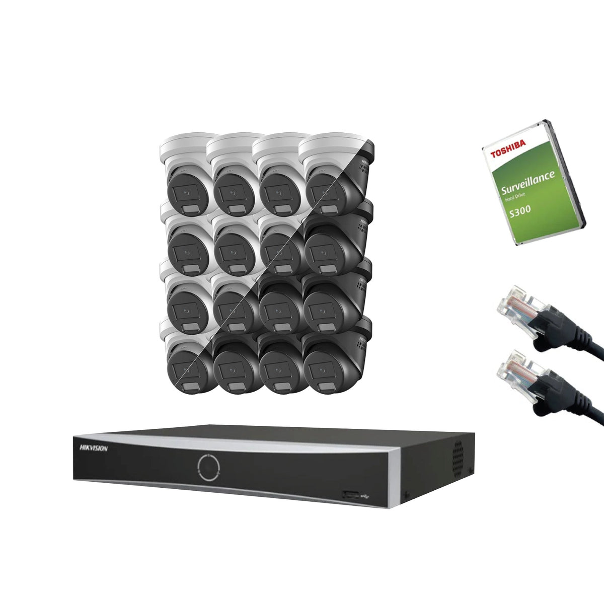 8MP Hikvision IP CCTV Kit – Up to 16x DS-2CD2387G3-LIS2UY/SL, DS-7616NXI-K2/16P NVR, HDD & Cabling – White/Black (CKIT1015-16CH)