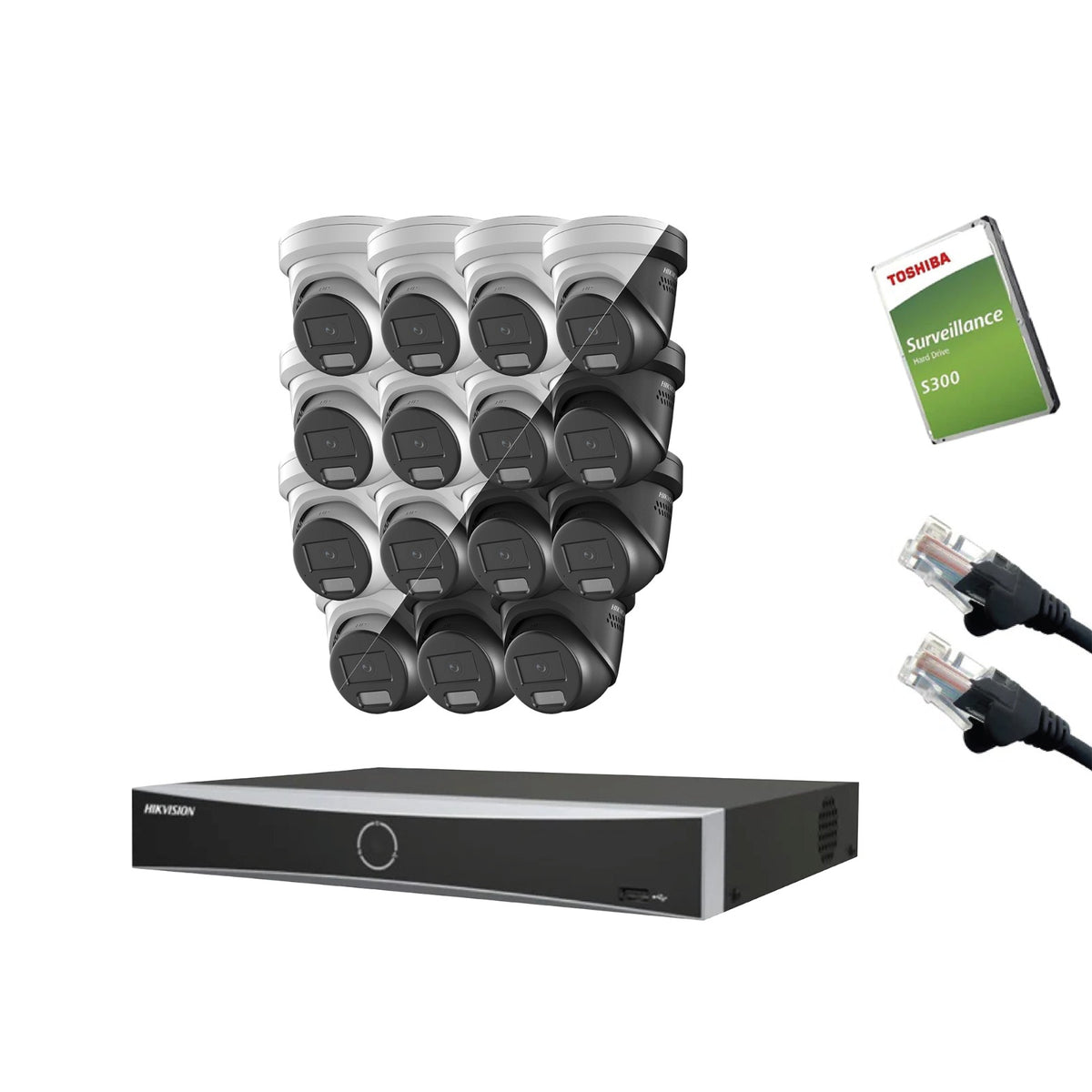8MP Hikvision IP CCTV Kit – Up to 16x DS-2CD2387G3-LIS2UY/SL, DS-7616NXI-K2/16P NVR, HDD & Cabling – White/Black (CKIT1015-16CH)