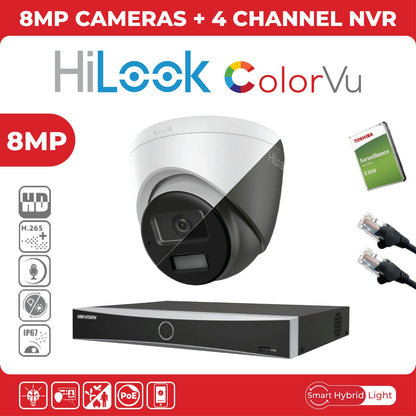 8MP HiLook IP CCTV Kit – Up to 8x IPC-T280HA-LUF/SL, DS-7604NXI-K1/4P or DS-7608NXI-K1/8P, HDD & Cabling – White (CKIT1003)