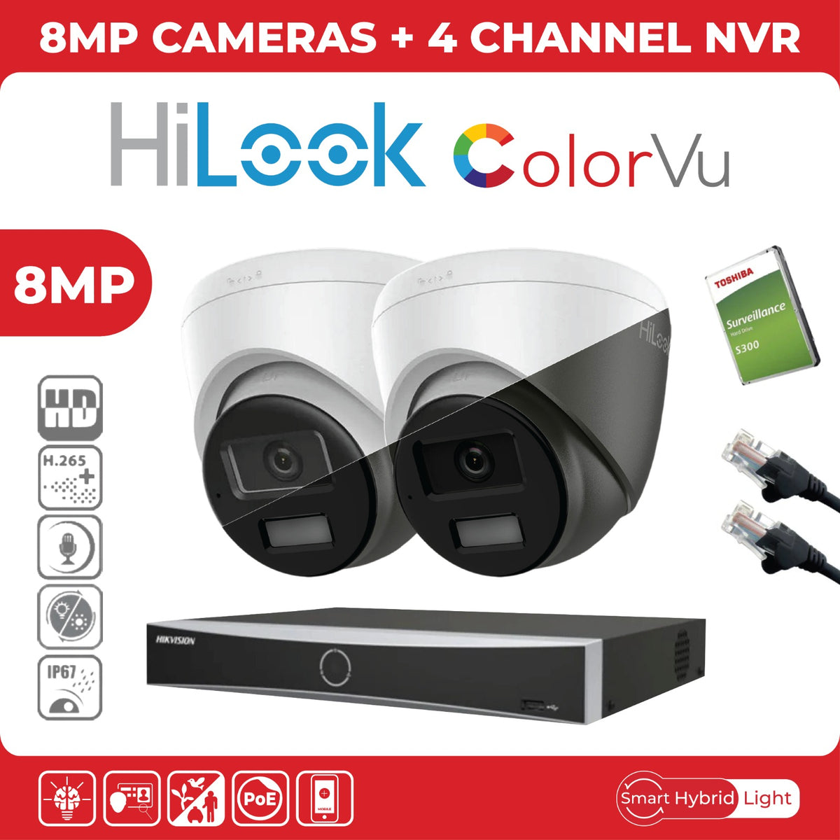 8MP HiLook IP CCTV Kit – Up to 8x IPC-T280HA-LUF/SL, DS-7604NXI-K1/4P or DS-7608NXI-K1/8P, HDD & Cabling – White (CKIT1003)