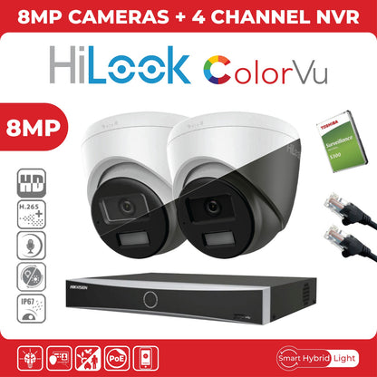 8MP HiLook IP CCTV Kit – Up to 8x IPC-T280HA-LUF/SL, DS-7604NXI-K1/4P or DS-7608NXI-K1/8P, HDD & Cabling – White (CKIT1003)