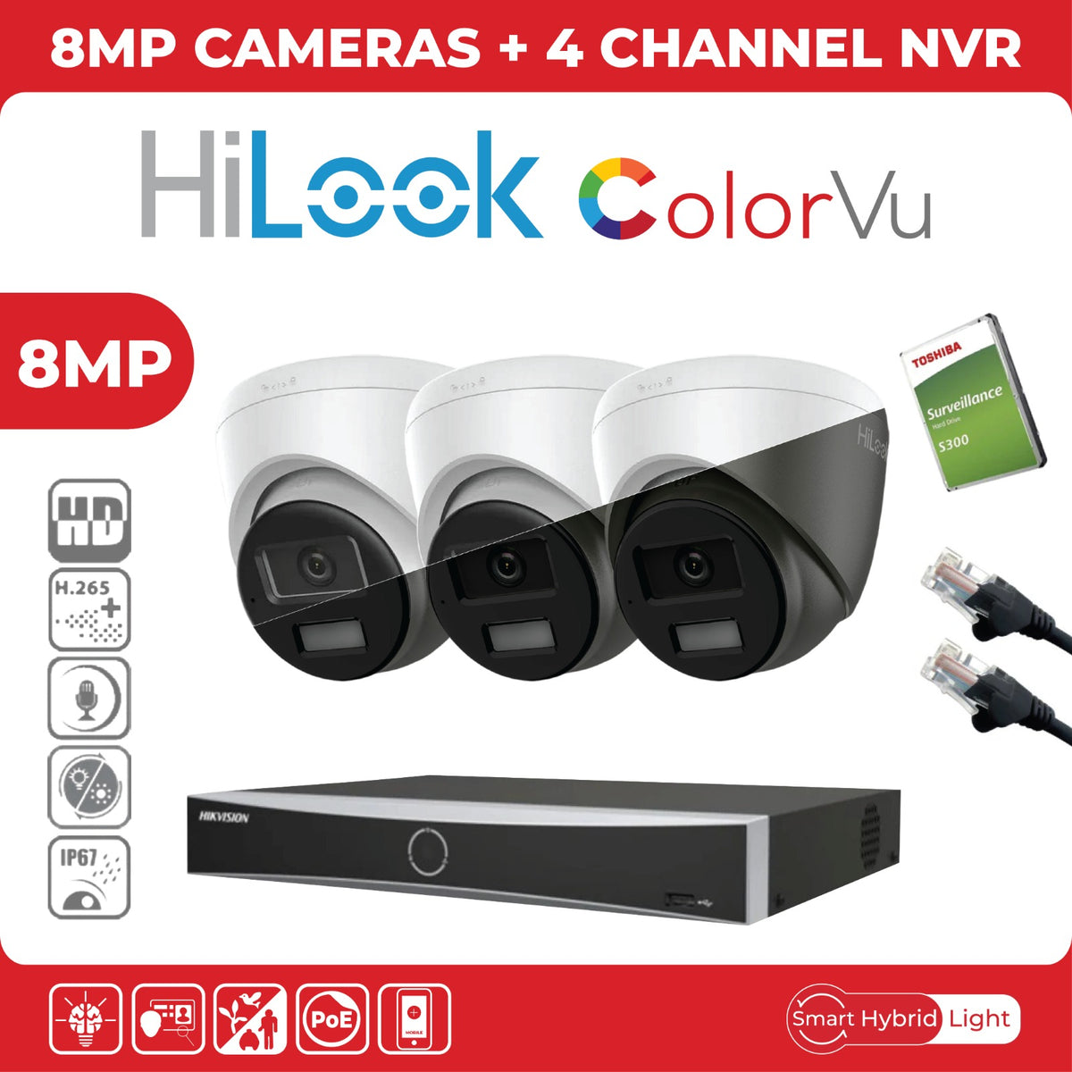 8MP HiLook IP CCTV Kit – Up to 8x IPC-T280HA-LUF/SL, DS-7604NXI-K1/4P or DS-7608NXI-K1/8P, HDD & Cabling – White (CKIT1003)