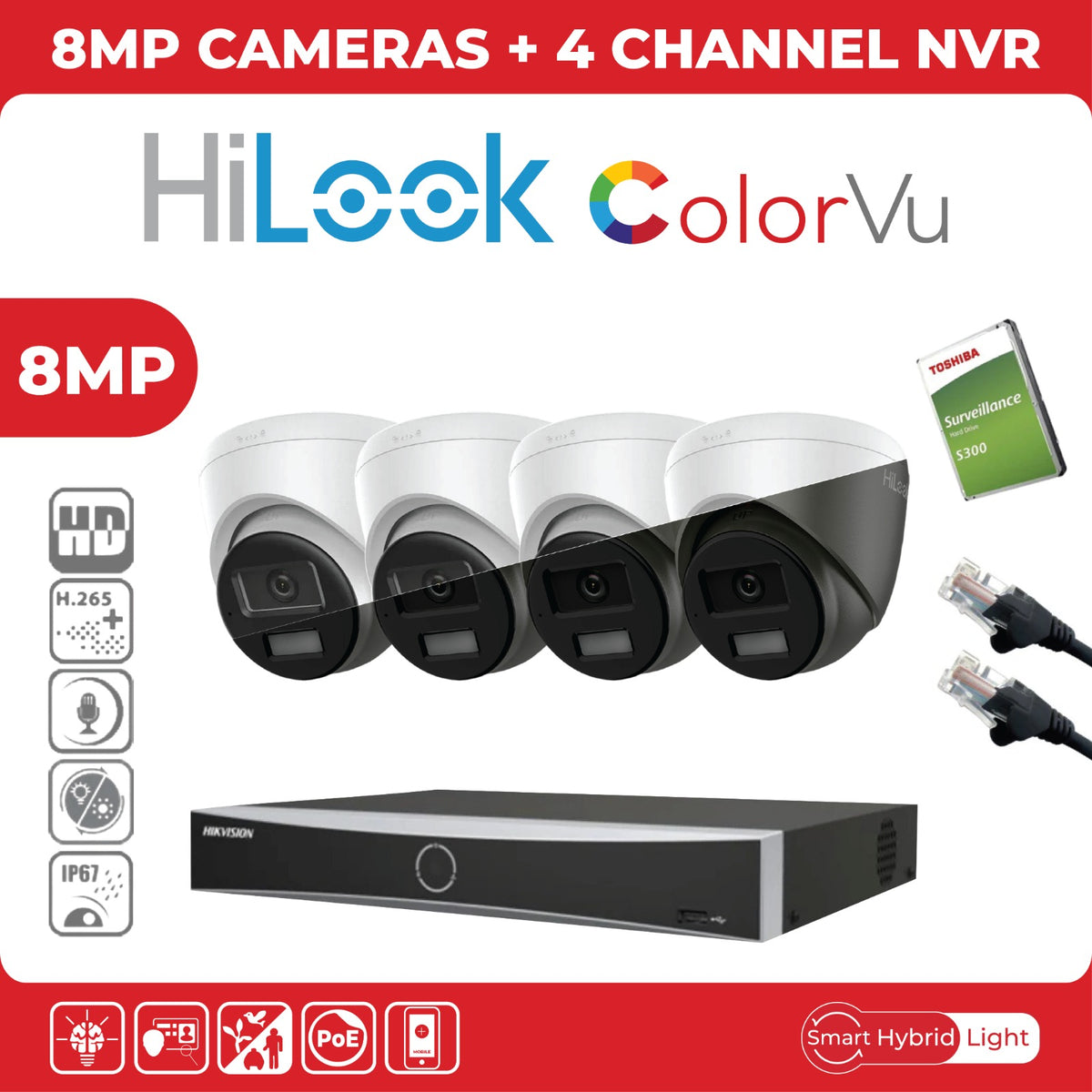 8MP HiLook IP CCTV Kit – Up to 8x IPC-T280HA-LUF/SL, DS-7604NXI-K1/4P or DS-7608NXI-K1/8P, HDD & Cabling – White (CKIT1003)