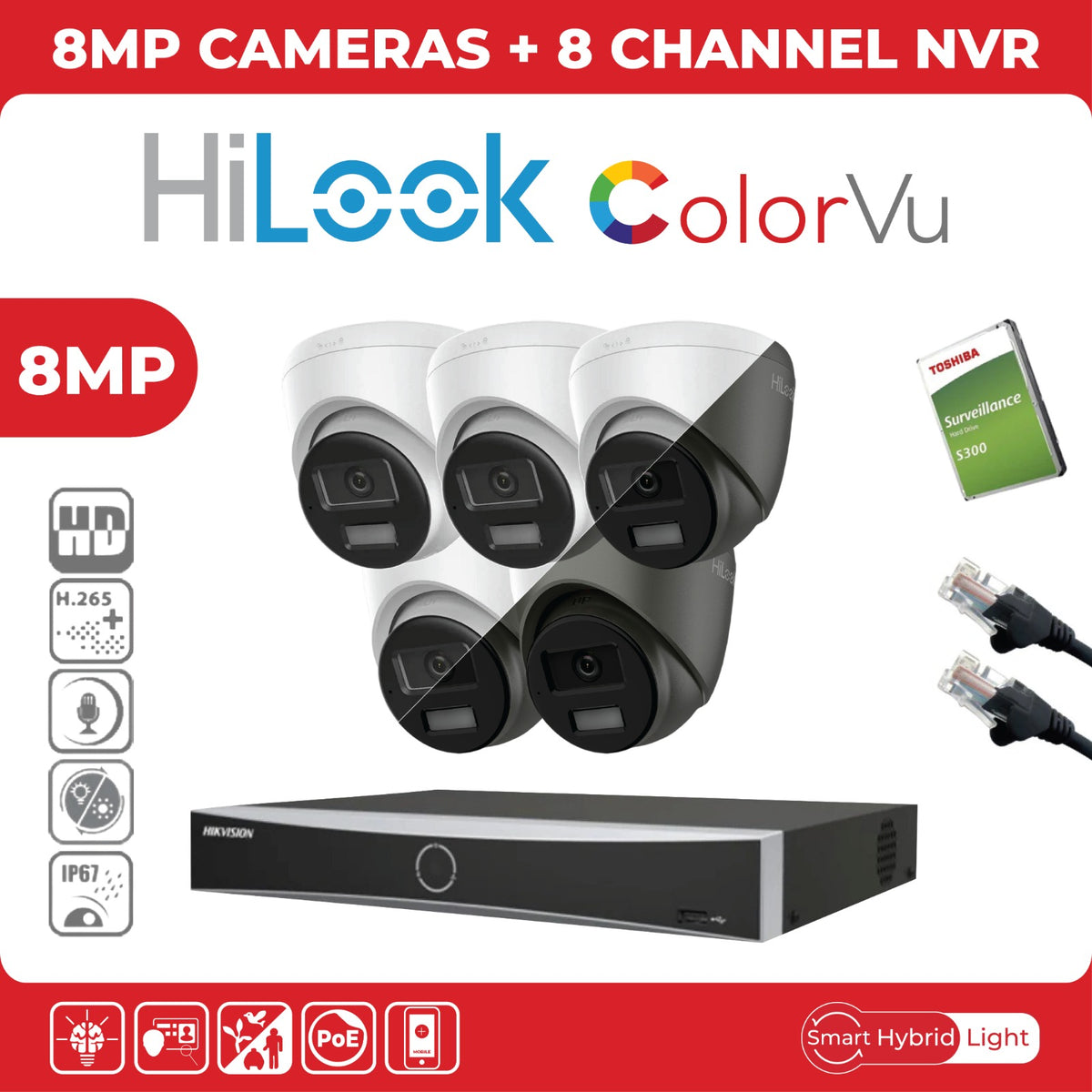 8MP HiLook IP CCTV Kit – Up to 8x IPC-T280HA-LUF/SL, DS-7604NXI-K1/4P or DS-7608NXI-K1/8P, HDD & Cabling – White (CKIT1003)