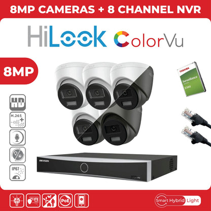 8MP HiLook IP CCTV Kit – Up to 8x IPC-T280HA-LUF/SL, DS-7604NXI-K1/4P or DS-7608NXI-K1/8P, HDD & Cabling – White (CKIT1003)