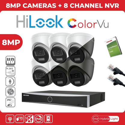 8MP HiLook IP CCTV Kit – Up to 8x IPC-T280HA-LUF/SL, DS-7604NXI-K1/4P or DS-7608NXI-K1/8P, HDD & Cabling – White (CKIT1003)