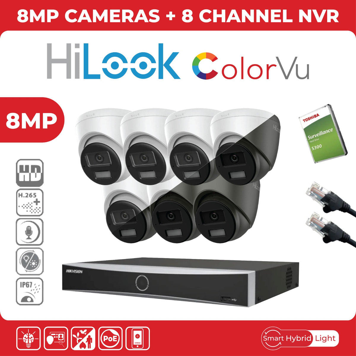 8MP HiLook IP CCTV Kit – Up to 8x IPC-T280HA-LUF/SL, DS-7604NXI-K1/4P or DS-7608NXI-K1/8P, HDD & Cabling – White (CKIT1003)