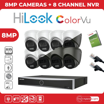 8MP HiLook IP CCTV Kit – Up to 8x IPC-T280HA-LUF/SL, DS-7604NXI-K1/4P or DS-7608NXI-K1/8P, HDD & Cabling – White (CKIT1003)