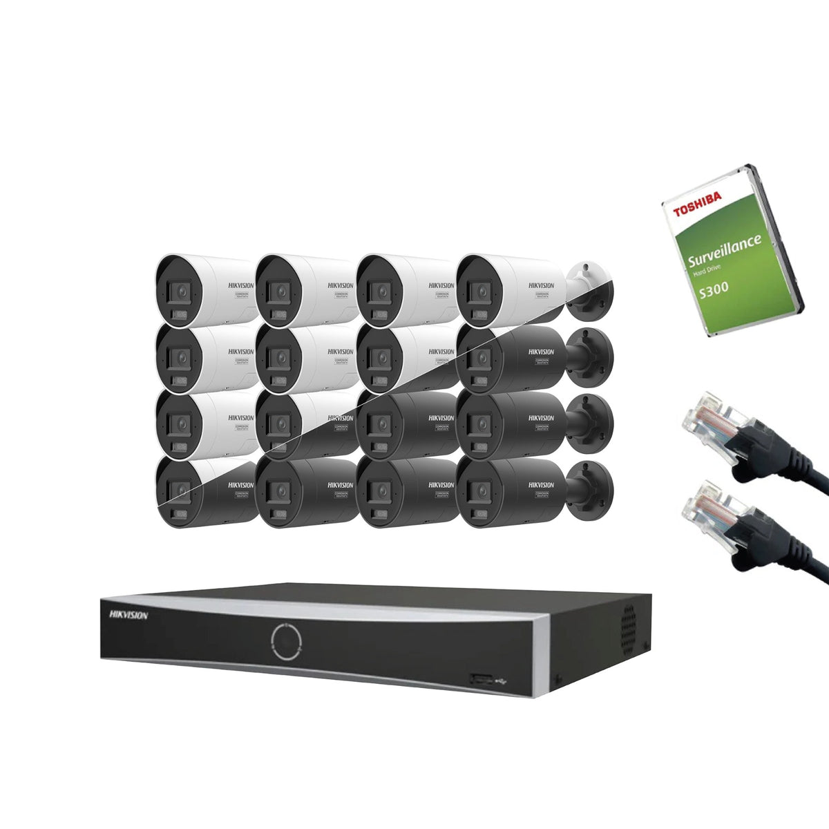 4MP Hikvision IP CCTV Kit – Up to 16x DS-2CD2047G3-LI2UY/SL Bullet, DS-7616NXI-K2/16P NVR, HDD & Cabling – White/Black (CKIT1018-16CH)