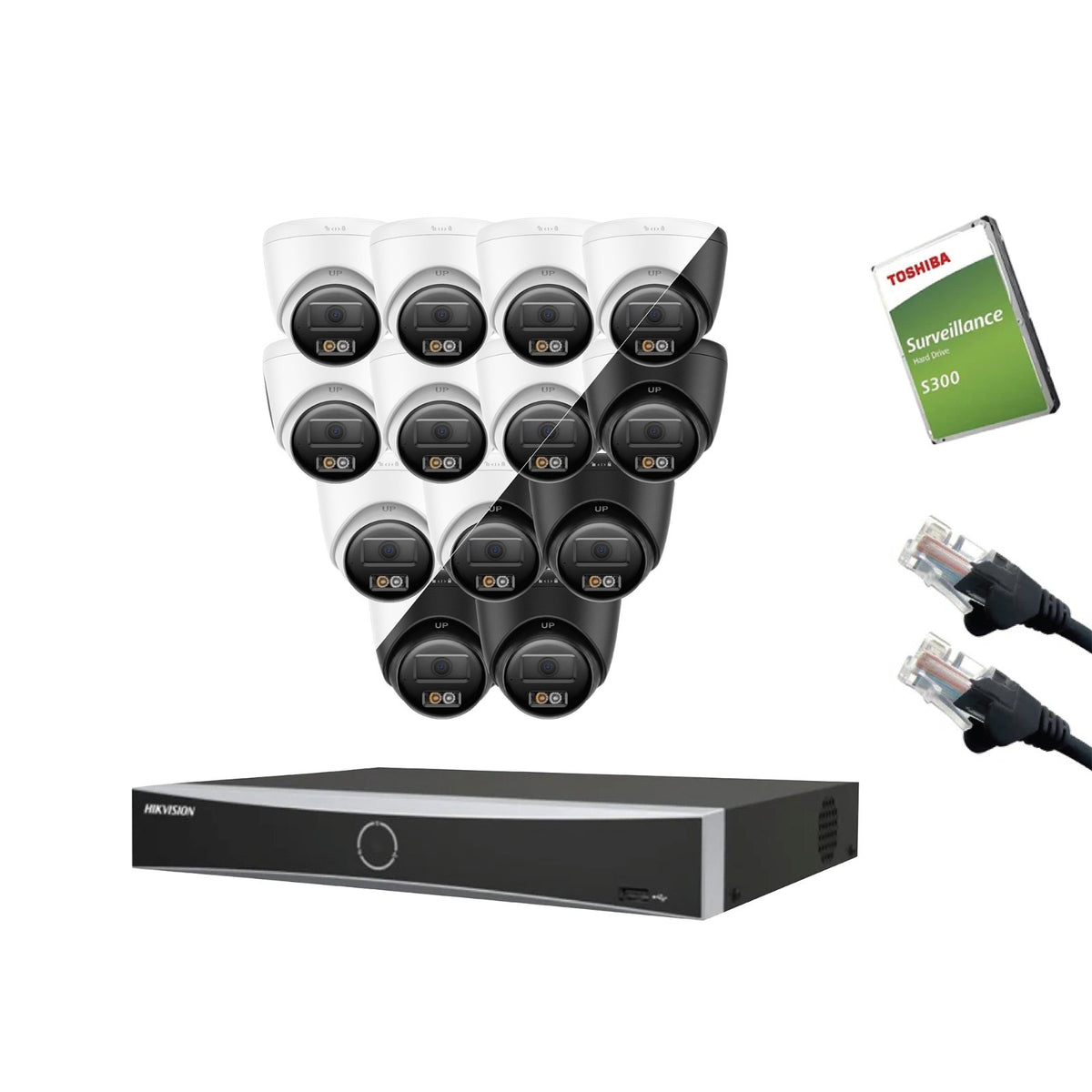 8MP (4K) Hikvision OEM IP CCTV Kit – Up to 16x IPT280W-HT Smart Hybrid Light, DS-7616NXI-K2/16P NVR, HDD & Cabling – White/Black (CKIT1020-16CH)