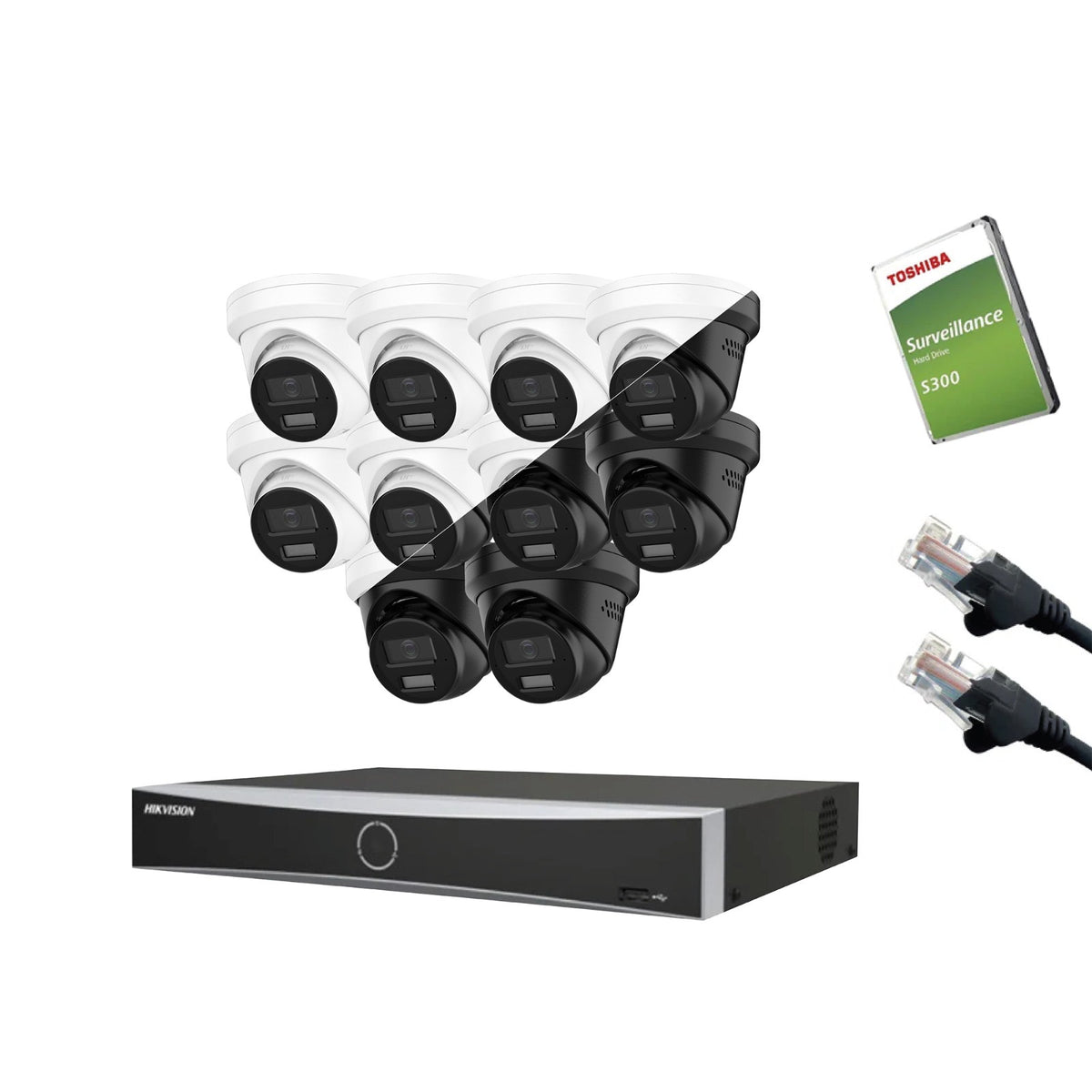 12MP Hikvision OEM IP CCTV Kit – Up to 16x IPT2120W-HT Smart Dual-Light, DS-7616NXI-K2/16P NVR, HDD & Cabling – White/Black (CKIT1021-16CH)