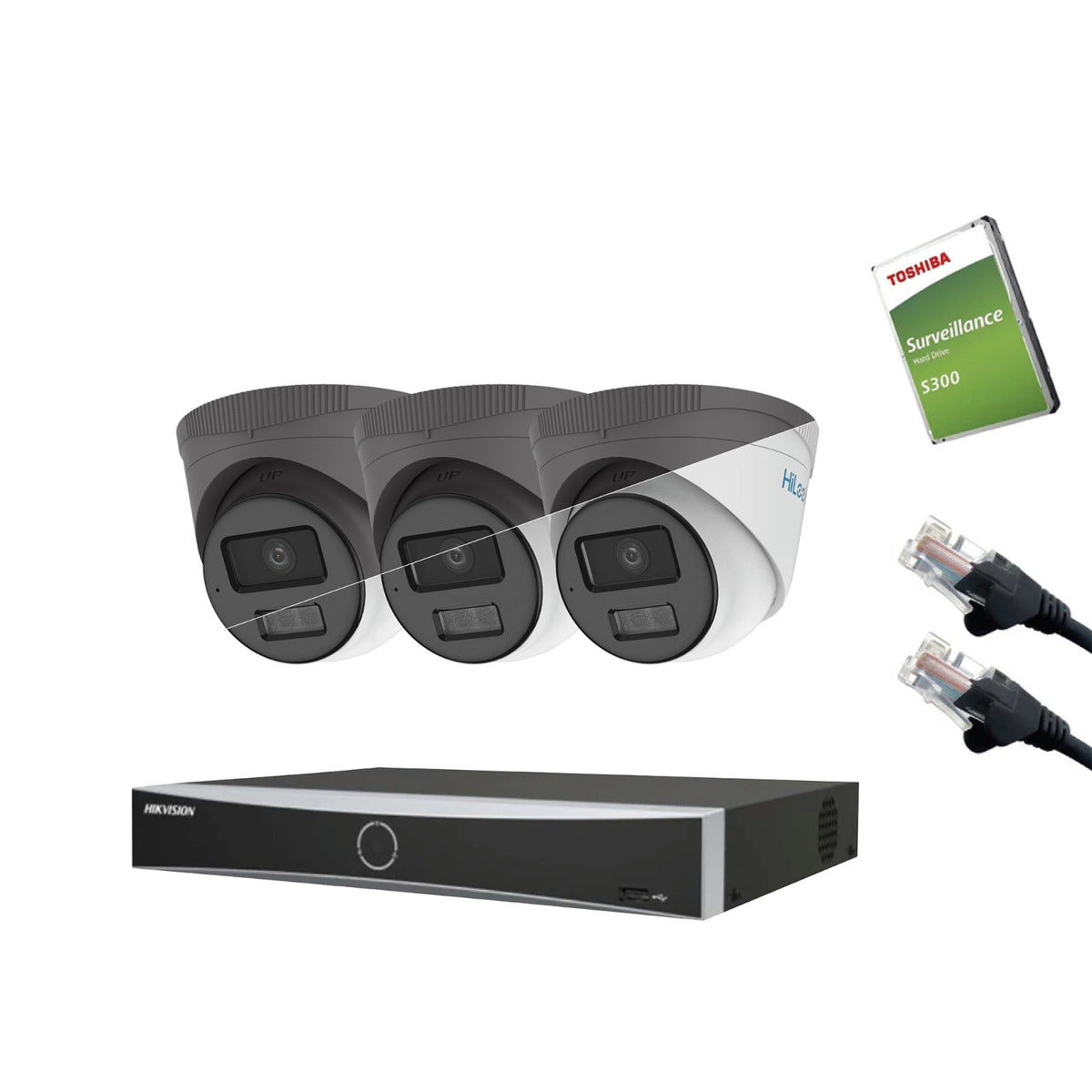 4MP HiLook IP CCTV Kit – Up to 8x IPC-T249HA-LU, DS-7604NXI-K1/4P or DS-7608NXI-K1/8P, HDD & Cabling – White/Grey (CKIT1001)