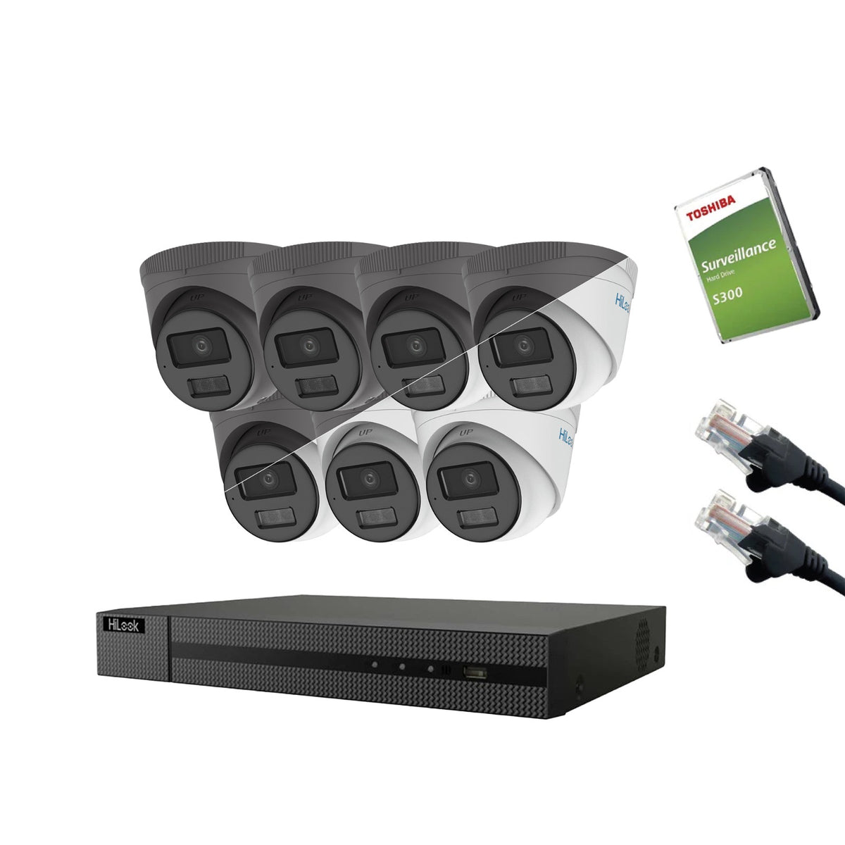 4MP HiLook IP CCTV Kit – Up to 16x IPC-T249HA-LU, NVR-216MH-C/16P, HDD & Cabling – White/Grey (CKIT1014-16CH)