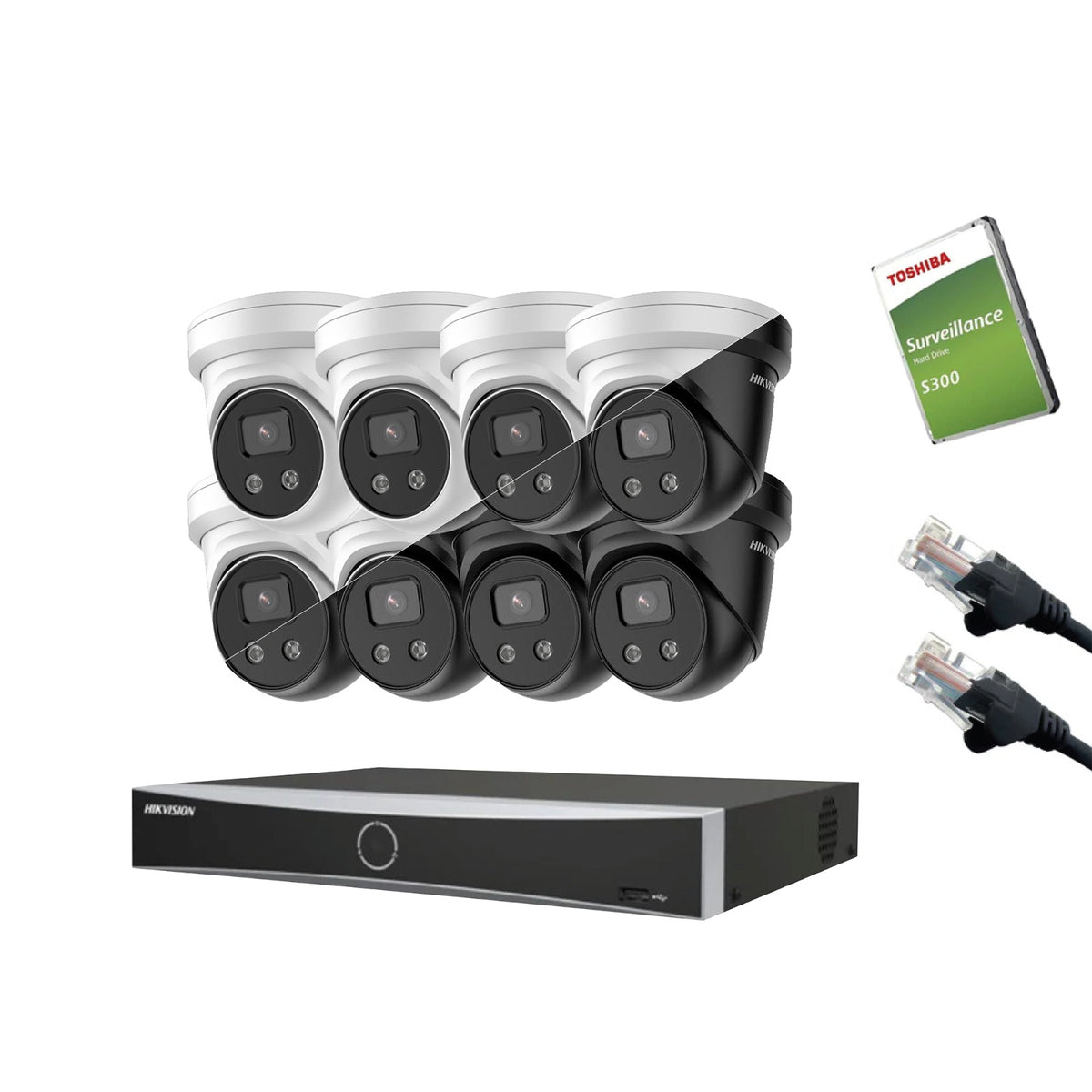 4MP Hikvision IP CCTV Kit – Up to 8x DS-2CD2346G2-IU, DS-7604NXI-K1/4P or DS-7608NXI-K1/8P, HDD & Cabling – White/Black (CKIT1009-V2)
