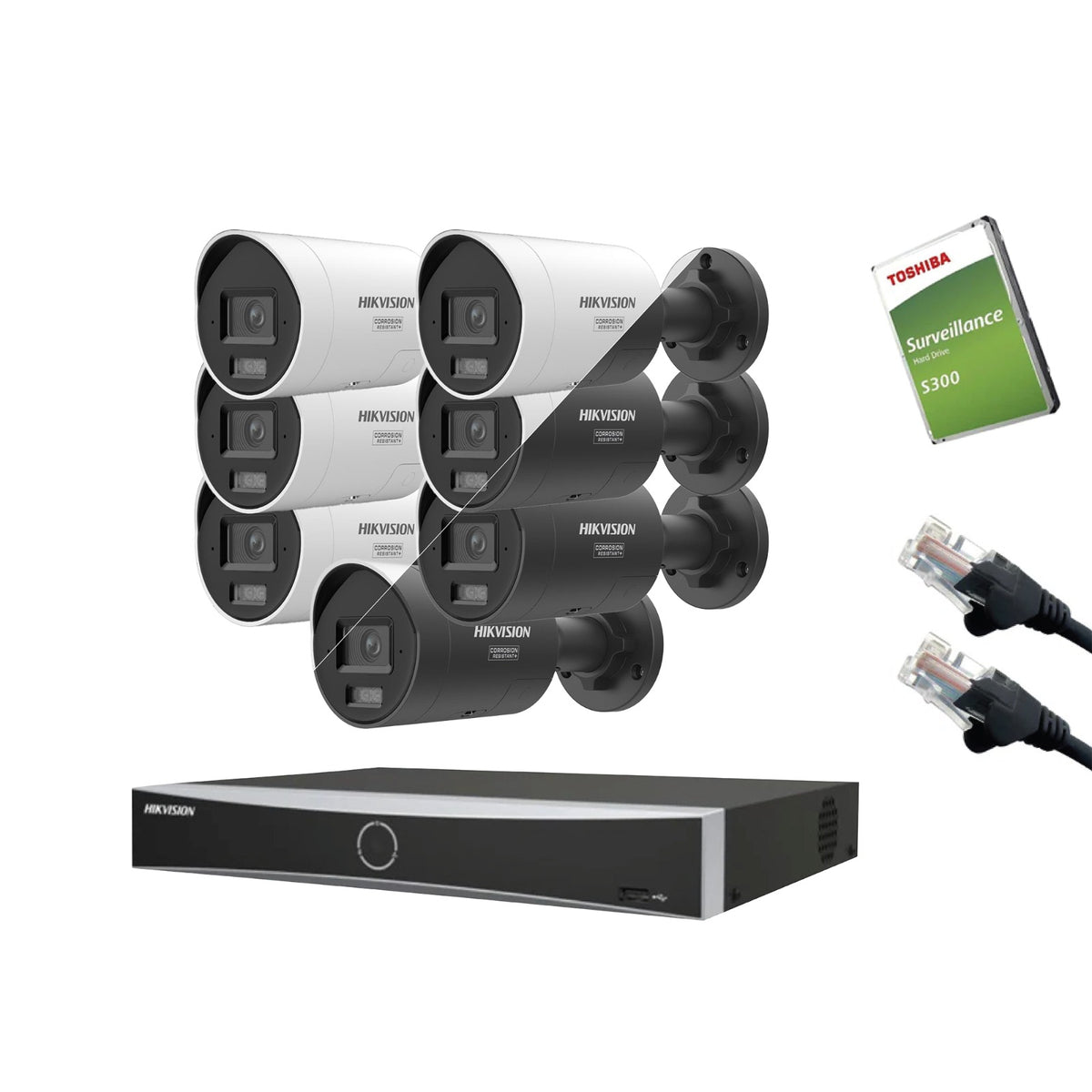 8MP Hikvision IP CCTV Kit – Up to 16x DS-2CD2087G3-LI2UY/SL Bullet, DS-7616NXI-K2/16P NVR, HDD & Cabling – White/Black (CKIT1017-16CH)