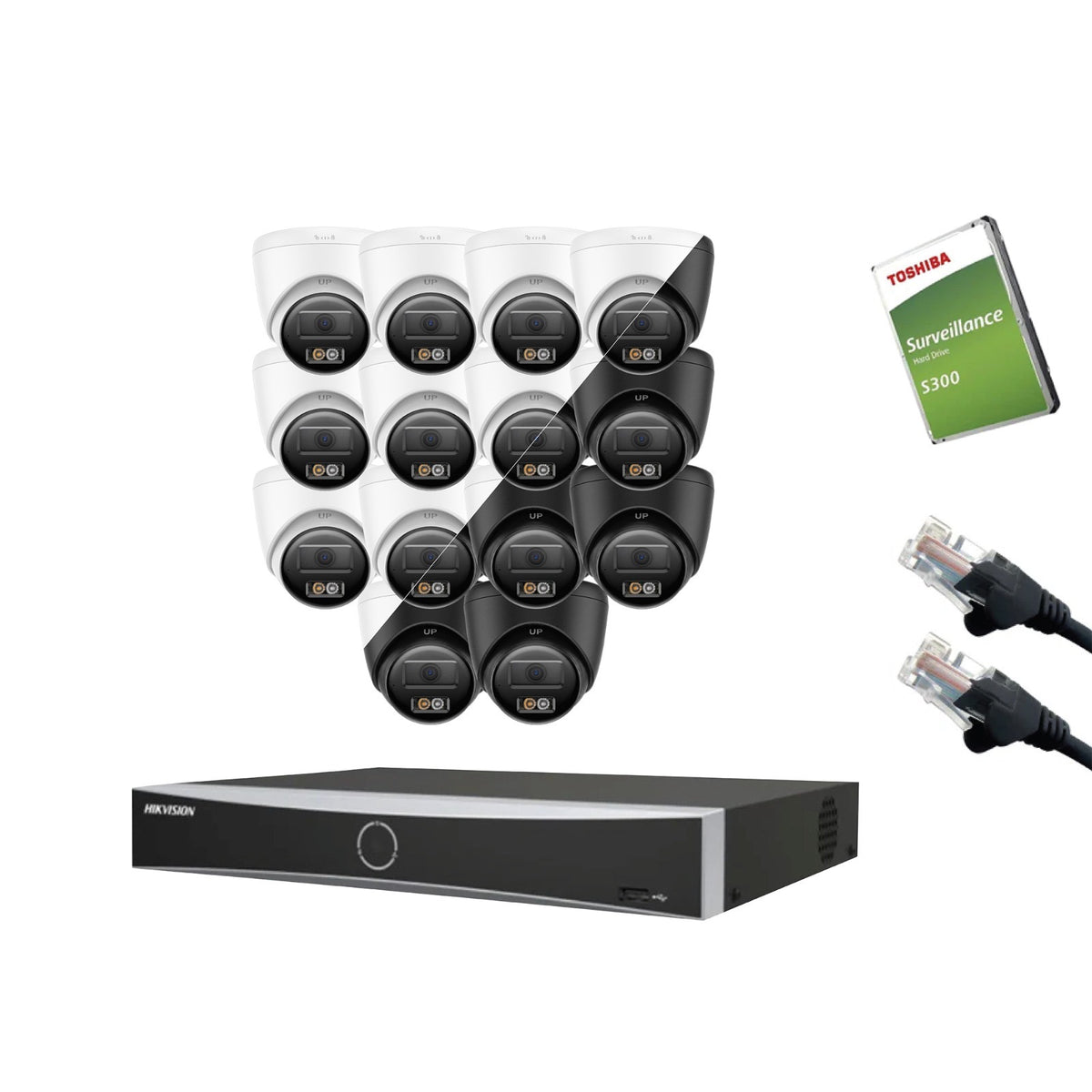 4MP Hikvision OEM IP CCTV Kit – Up to 16x IPT240W-HT Smart Hybrid Light, DS-7616NXI-K2/16P NVR, HDD & Cabling – White/Black (CKIT1019-16CH)