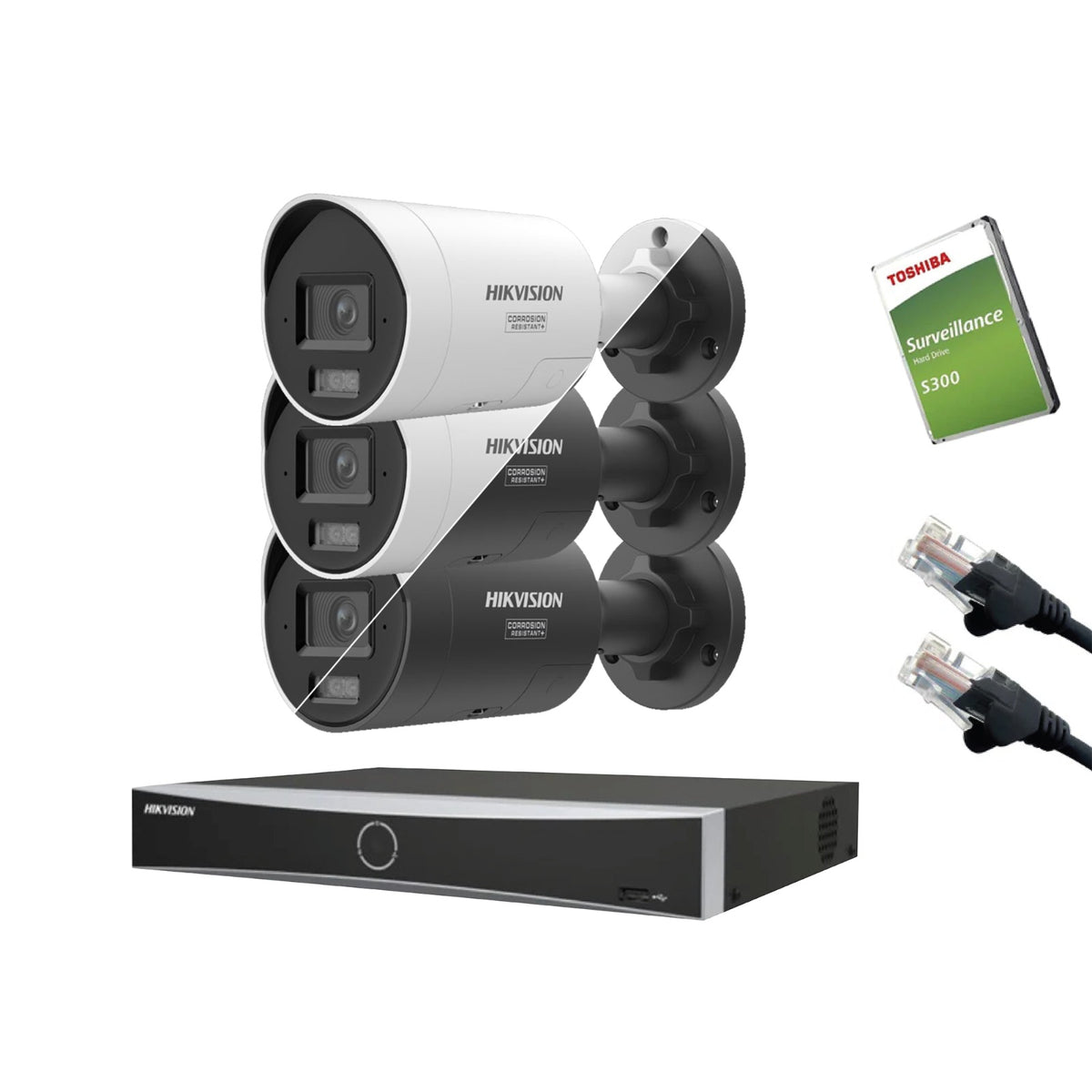 8MP Hikvision IP CCTV Kit – Up to 16x DS-2CD2087G3-LI2UY/SL Bullet, DS-7616NXI-K2/16P NVR, HDD & Cabling – White/Black (CKIT1017-16CH)