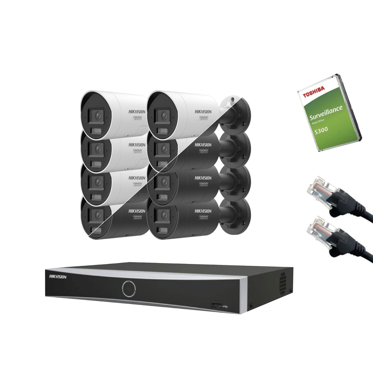4MP Hikvision IP CCTV Kit – Up to 8x DS-2CD2047G3-LI2UY/SL Bullet, DS-7604NXI-K1/4P or DS-7608NXI-K1/8P, HDD & Cabling – White/Black (CKIT1018-V2)